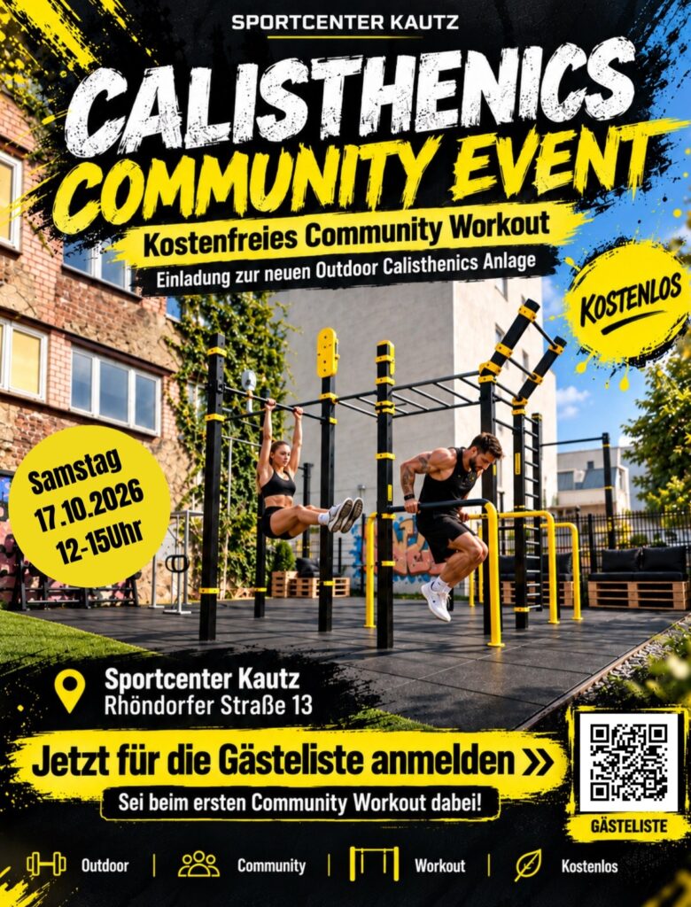 Plakat Calisthenics Community Event: Samstag, 17.10.2026, 12–15 Uhr, kostenfrei, Sportcenter Kautz, Rhöndorfer Straße 13 – zwei Personen trainieren an einer Outdoor-Calisthenics-Anlage (Symbolbild, KI-generiert)