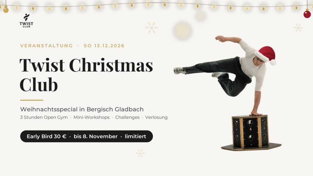 Coach Twist mit Weihnachtsmütze im Sprung über eine Sprungbox – Twist Christmas Club Weihnachtsspecial am 13.12.2026 in Bergisch Gladbach