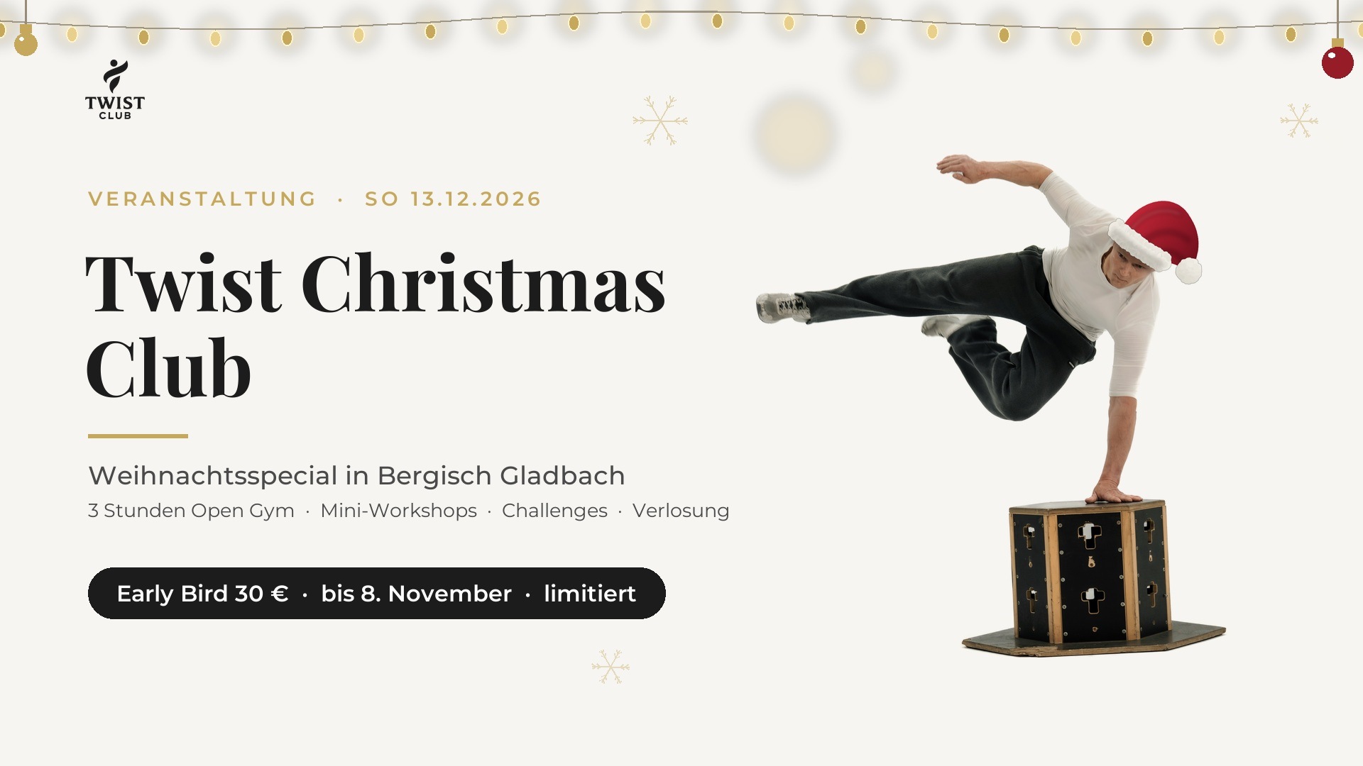 Coach Twist mit Weihnachtsmütze im Sprung über eine Sprungbox – Twist Christmas Club Weihnachtsspecial am 13.12.2026 in Bergisch Gladbach